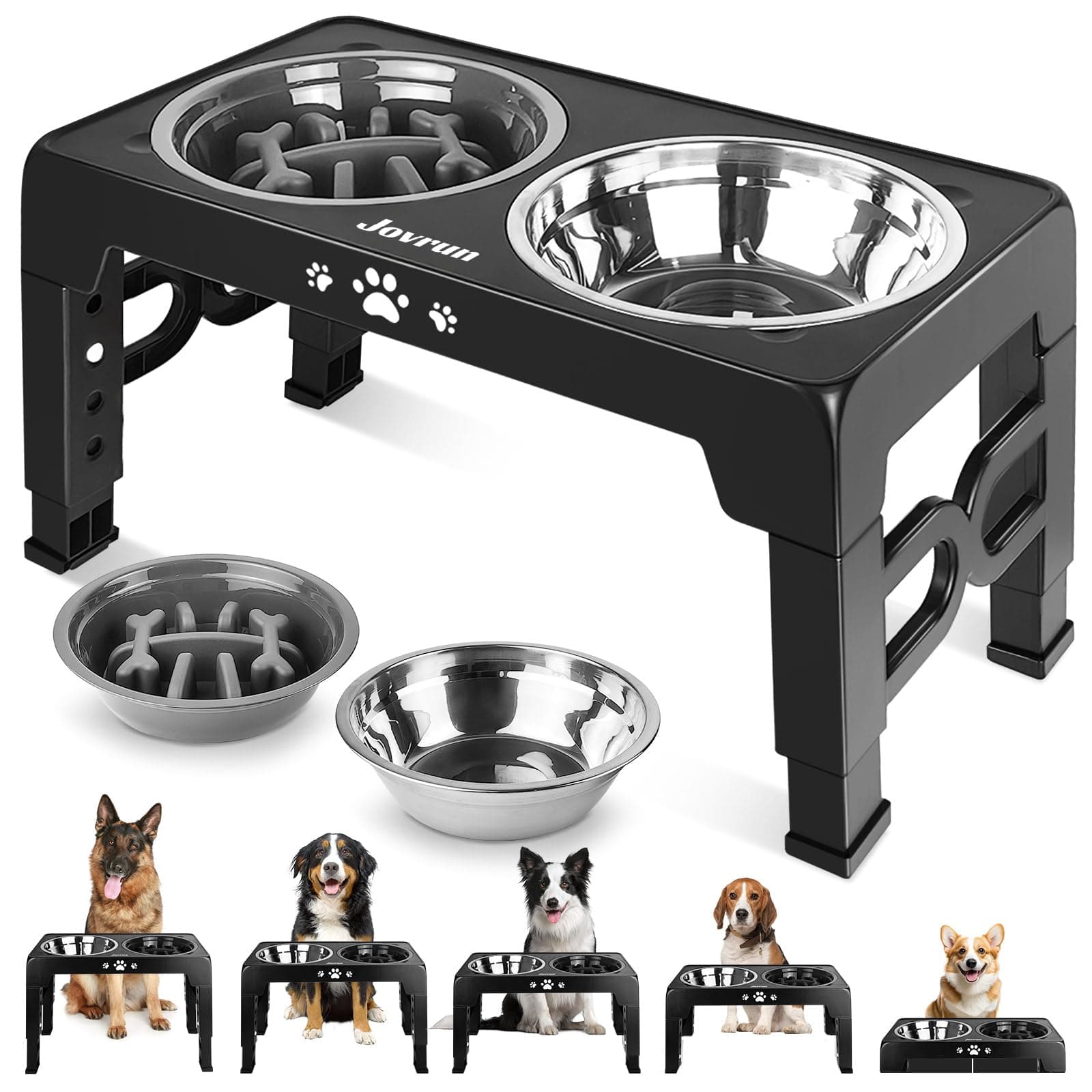 Jovrun Elevated Dog Bowls (Adjustable Height, Stainless + Slow Feeder)